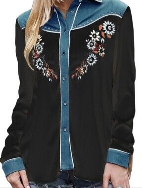 John Moon Texas Black Western-Style Button-Up Top with Teal Embroided Accents